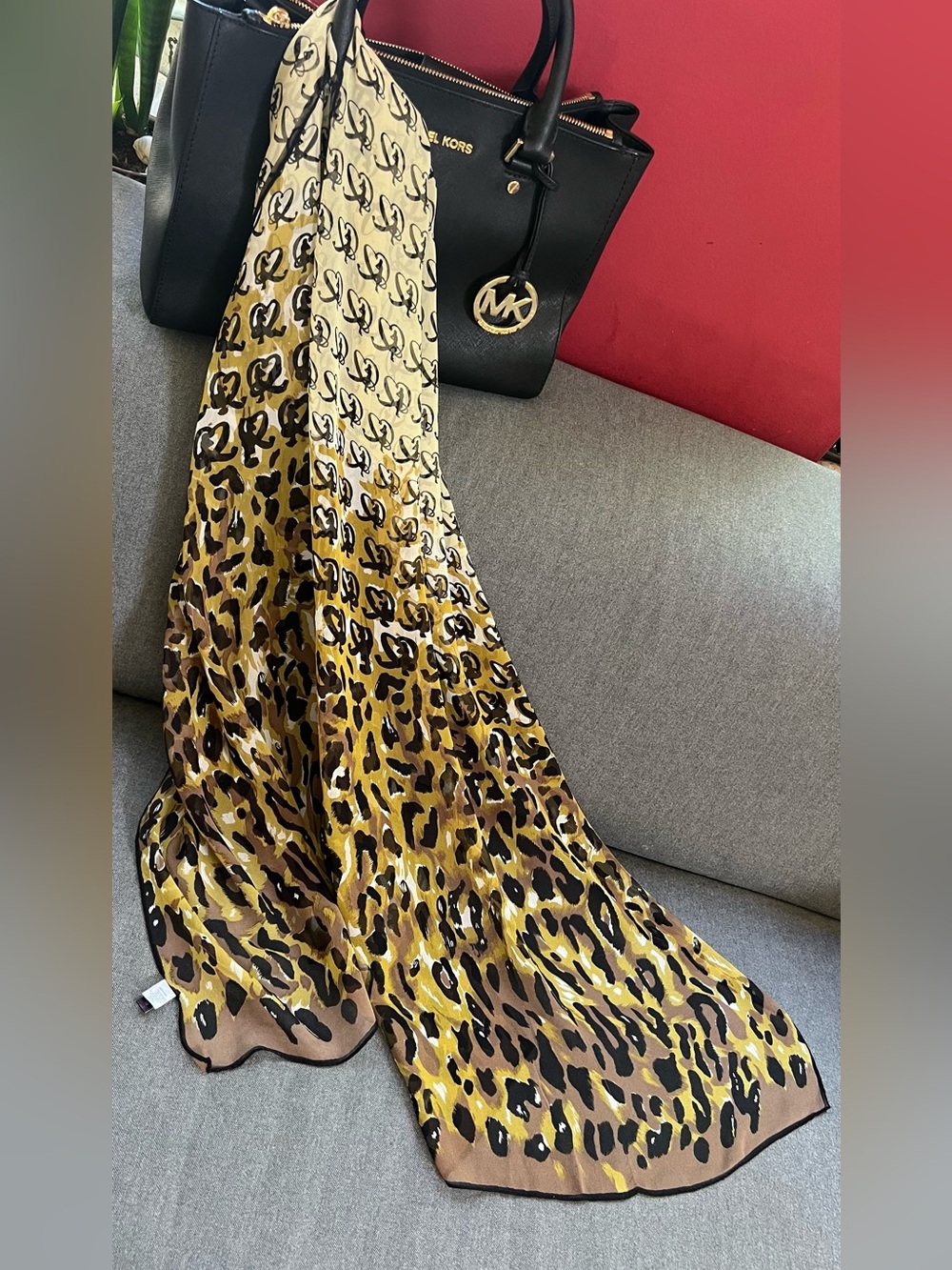 Olivia Lauren Leopard Logo Print Fashion Silk Scarf Oblong Neckwear 20 x 64”